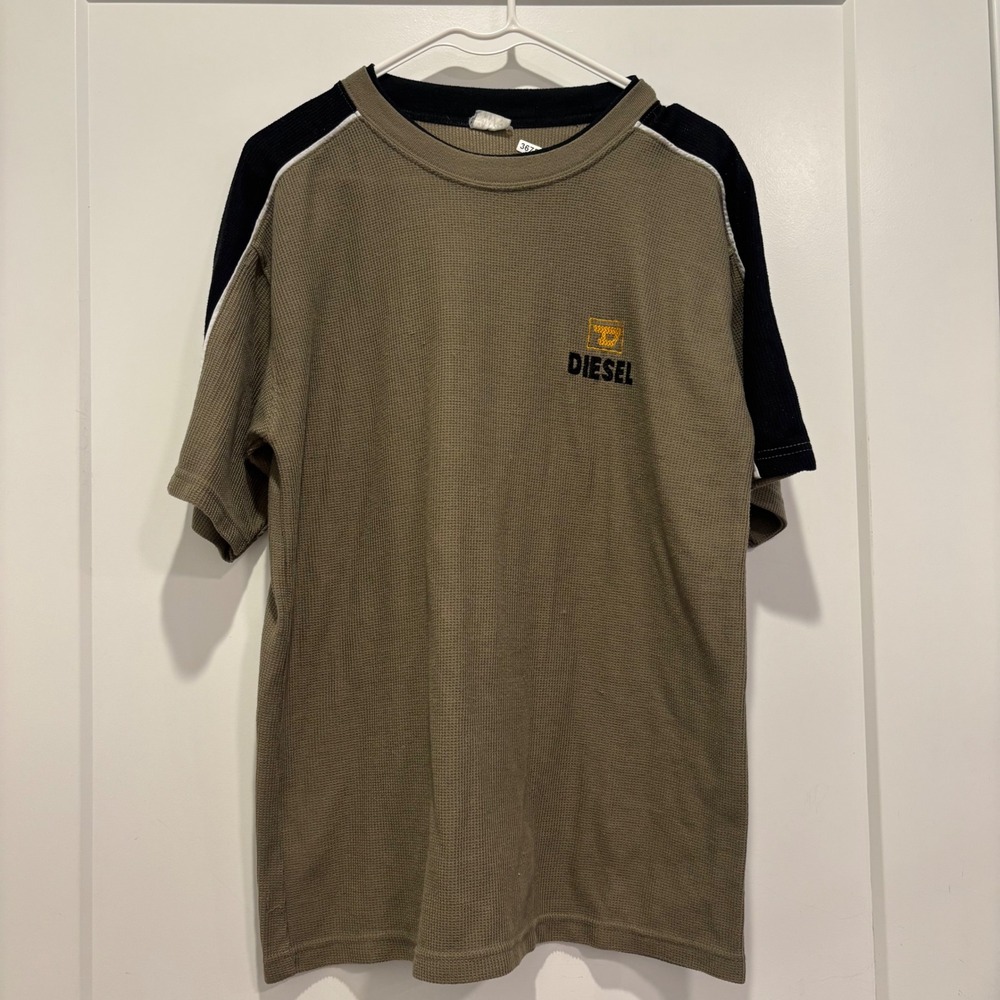 Diesel Mens Waffle Knit Short Sleeve Shirt Olive Green Black Logo Tee